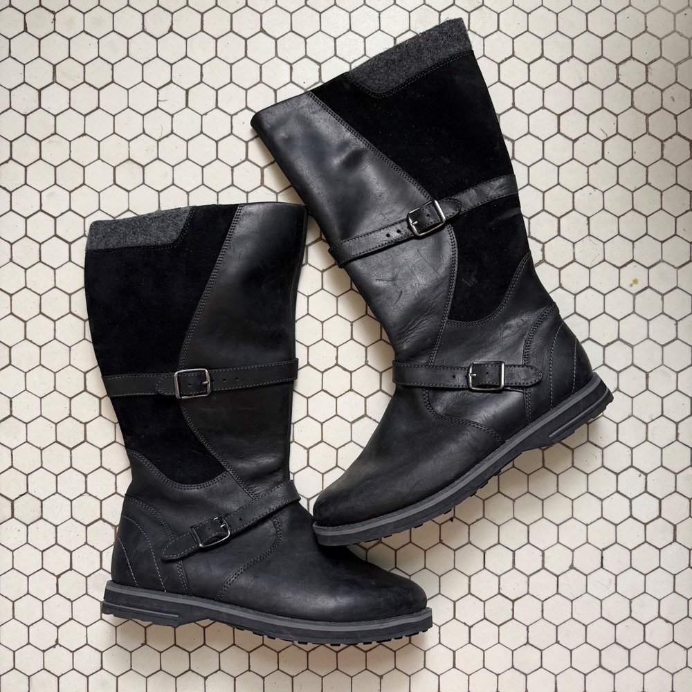 L.L. Bean Mid-Calf Boots Black Leather Suede Buckle Moto Zip Sz 8 WIDE